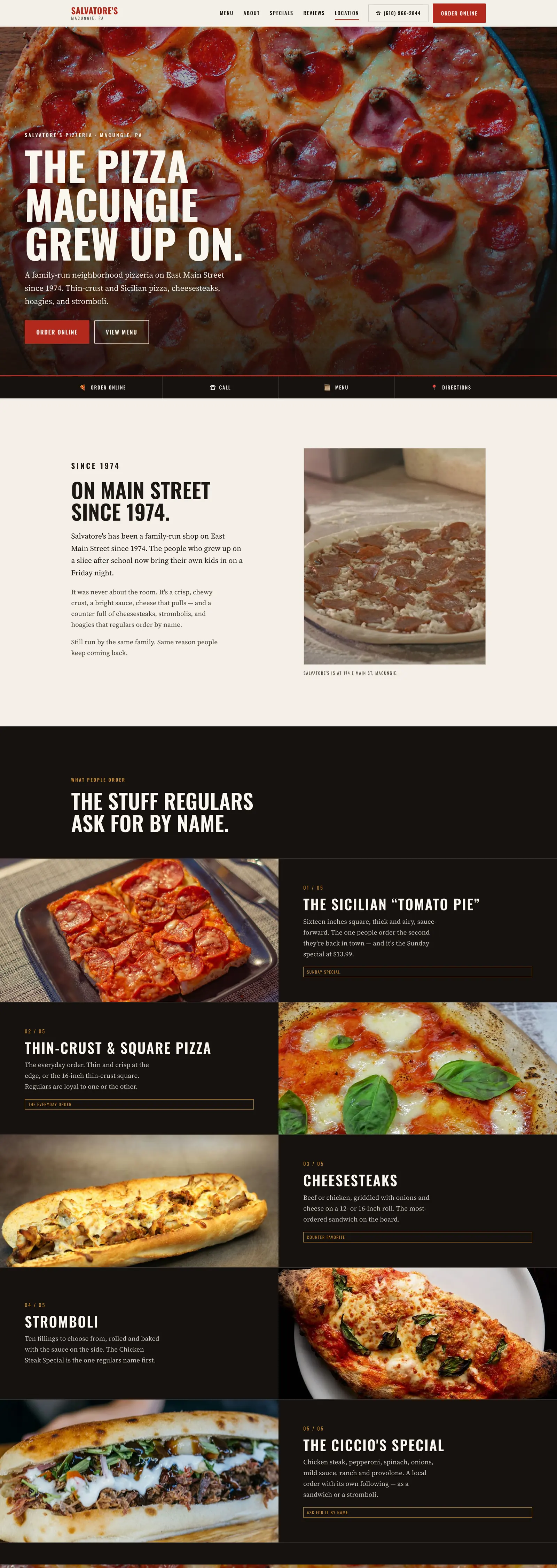 The Salvatore's Pizzeria website, desktop view